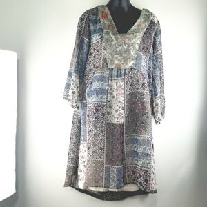 🌹NWT Medium  Blue Bohemian Cowl Neck 3/4 Sleeve Summer Sheer light  Dress